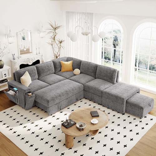 L-Shaped Modular Sofa with Removable Storage Ottoman, USB Ports and Cup Holder, Upholstered Sectional Couch & Armrest, Free Combination Indoor Furniture for Living Room, Apartments, Gray