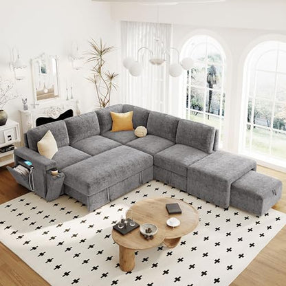 L-Shaped Modular Sofa with Removable Storage Ottoman, USB Ports and Cup Holder, Upholstered Sectional Couch & Armrest, Free Combination Indoor Furniture for Living Room, Apartments, Gray