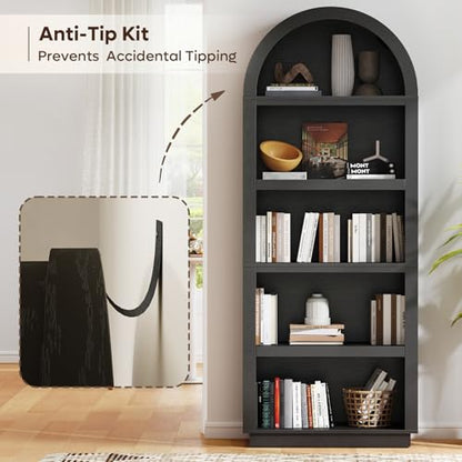 76" Tall Arched Bookshelf with Adjustable 2 Book Shelves, Black Oak, view 7