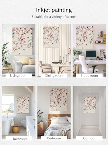 Summer Pink Flower Leaf Linen Texture Canvas Wall Art Prints,48"x32" Framed Picture Artwork Pastoral Floral Butterfly Printed Canvas Oil Painting for Living Room Bedroom Office,Ready to Hang