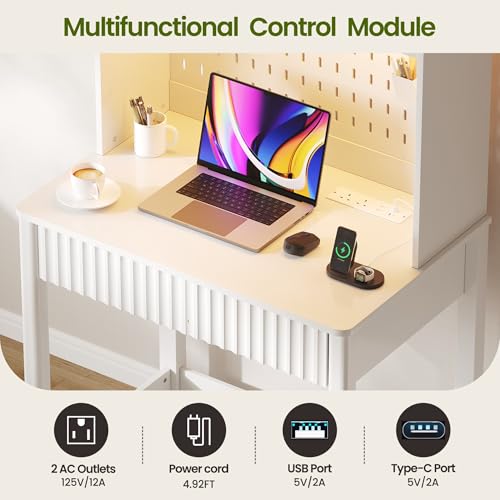 LED Writing Desk with Hutch and Pegboard and Power Outlet (White), view 4