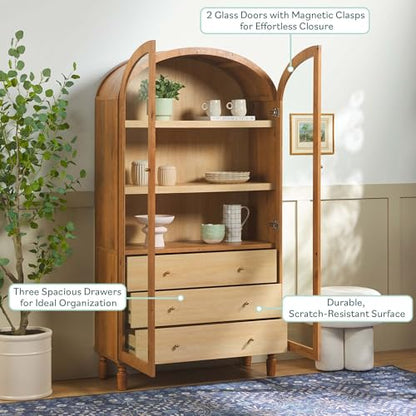 Darci Modern Arched Bookshelf Cabinet with Full-Length Glass Doors and Inner Drawers, 74 Inch, English Oak