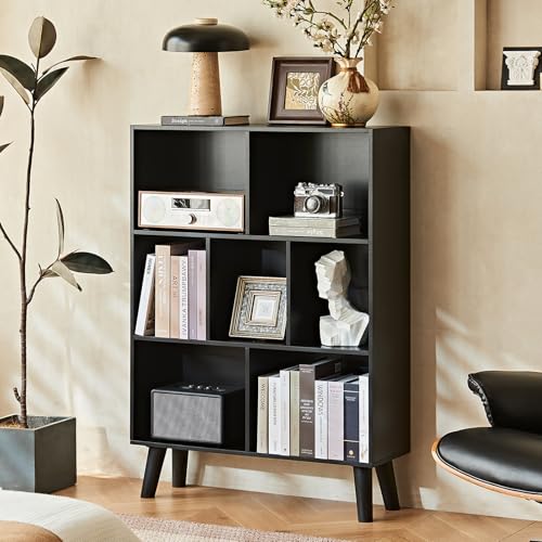 Cube Bookshelf, Mid-Century Modern Book Shelf with Legs, Black, view 4
