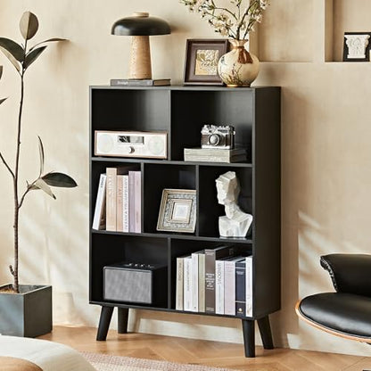 Cube Bookshelf, Mid-Century Modern Book Shelf with Legs, Black, view 4