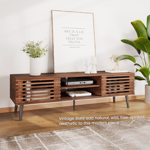 52" Mid Century Modern TV Stand for 50-60 inch TV - Walnut Brown | Farmhouse TV Console with Slatted Sliding Doors, Small Entertainment Center with Spacious Storage for Living Room, Apartment
