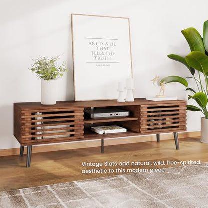 52" Mid Century Modern TV Stand for 50-60 inch TV - Walnut Brown | Farmhouse TV Console with Slatted Sliding Doors, Small Entertainment Center with Spacious Storage for Living Room, Apartment