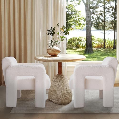 Modern Accent Chair Set of 2, Bouclé Fabric Upholstered Armchair, Comfy Single Chair for Living Room Lounge Bedroom Office-Beige