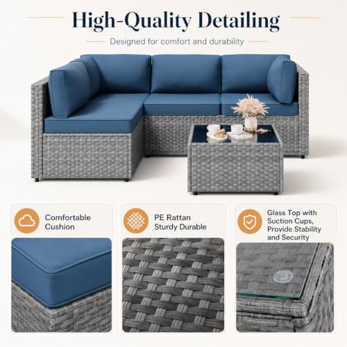 5-Piece Patio Furniture Set, All-Weather Wicker Outdoor Sectional Sofa with Soft Cushions, Modular Conversation Set for Backyard, Deck, Garden & Poolside(Aegean Blue Cushion)
