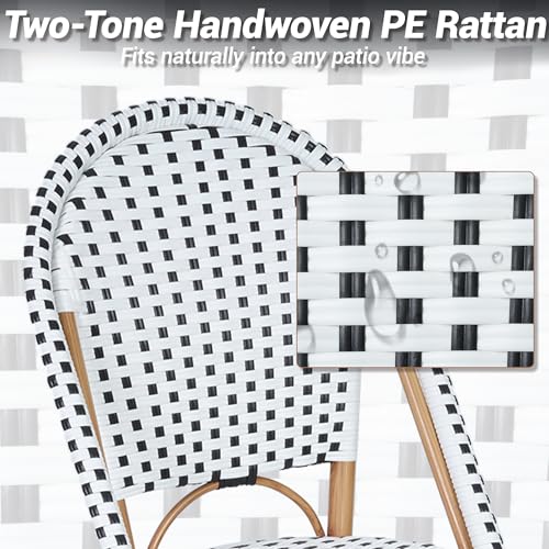 Patio French Chairs Set of 2, Outdoor Hand-Woven PE Wicker Armless Dining Chairs w/Metal Frame, Rattan Bistro Chairs for Front Porch Garden Deck Balcony Poolside, White/Black