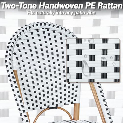 Patio French Chairs Set of 2, Outdoor Hand-Woven PE Wicker Armless Dining Chairs w/Metal Frame, Rattan Bistro Chairs for Front Porch Garden Deck Balcony Poolside, White/Black