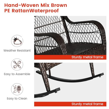 Outdoor Wicker Rocking Chair, Patio Rattan Rocker w/Lumbar Pillow, Padded Seat & Back Cushions, Metal Frame, Mix Brown Wicker Furniture for Balcony, Porch, Deck, Backyard (Off White)