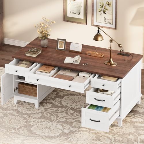 60" Wooden Home Office Desk with File Drawers, Executive Desk with Adjustable Cabinet, Farmhouse Wood Desk with Power Outlet, Distressed Study and Work Table, Rustic White