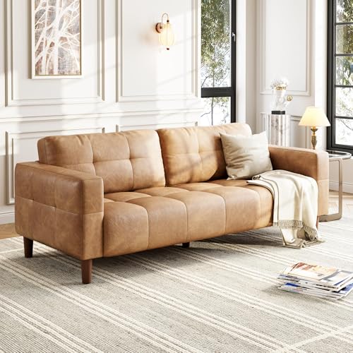 83” Brown Faux Leather Couch, 3 Seater Sofa Couches with 2 Removable Back Cushions for Living Room, Large Mid Century Modern Office Apartment Couch (Brown)