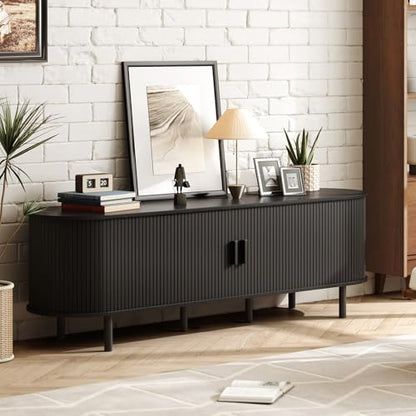 70.8" TV Stand with Power Outlet for TVs up to 75 Inch, Entertainment Center with Storage and Adjustable Shelves, Modern Media Console with Sliding Doors for Living Room, Black