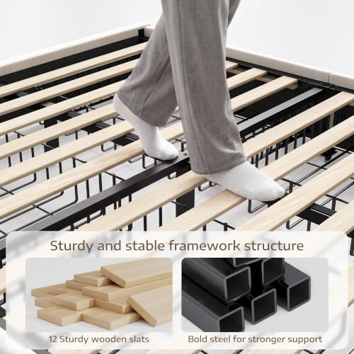Velvet Upholstered Full Size Bed Frame with 4 Storage Drawers, Adjustable LED Headboard, Sturdy Wooden Slats Support, No Box Spring Needed, Beige