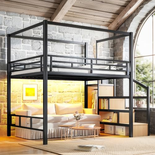 Queen Size Metal Loft Bed Frame with with Canopy Frame & Storage Staircase, view 6