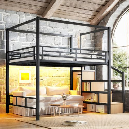 Queen Size Metal Loft Bed Frame with with Canopy Frame & Storage Staircase, view 6