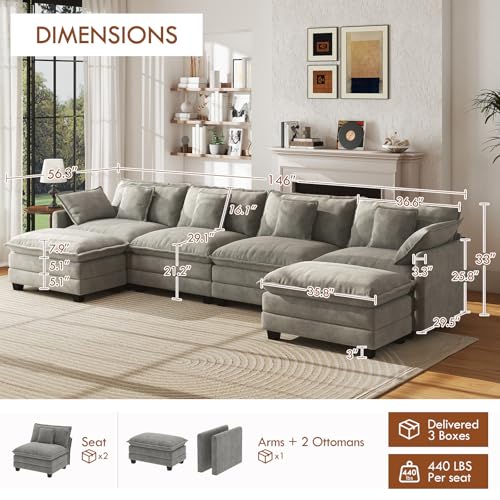 146” Oversized Modular Sectional Sofa, U Shaped Cloud Couch Set for Living Room, 4-Seater Comfy Chenille Couches with 2 Movable Ottomans, DIY Combination （Grey）