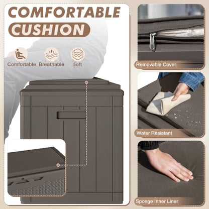 100 Gallon Deck Box, Waterproof Resin Outdoor Storage Box with Cushion for Outside and Patio, Large Outdoor Storage Bench Cabinet Lockable for Patio Furniture and Garden Tools (Deep Brown)