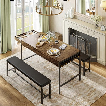 65" Dining Table Set for 4-6, 3-Piece Kitchen Set with 2 Utensil Drawers, 2 Benches & Wine Rack, Space Saving & Heavy Duty, with Metal Frame & MDF Board, Brown