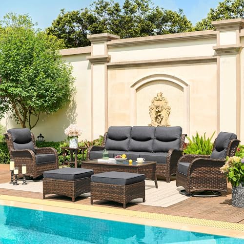 Luxury Outdoor Patio Furniture Set with 6-Inch Thick Cushions, High Back Wicker Swivel Rocker Chairs, 7 Pcs All Weather Conversation Set for Large Deck, Yard and Poolside, Gray (V3)