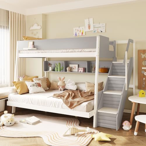 JIVOIT Twin Over Full Bunk Bed with Striped-Design Staircase, Side Shelves, view 2