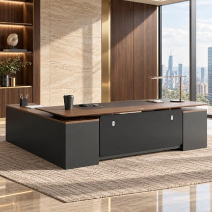 78.74" L-Shaped Electric Executive Desk with Filing Cabinet,Walnut/Black, view 2