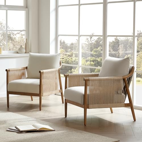 CHITA Braid Accent Chair with Wood Frame and Paper Cord Armrest, Cream | Boho Reading Armchair, FSC Certified Solid Wood Living Room Chair, Bedroom, 33.1"Dx26.4"Wx35.4"H, 300 Lb Capacity