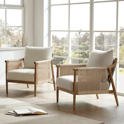 CHITA Braid Accent Chair with Wood Frame and Paper Cord Armrest, Cream | Boho Reading Armchair, FSC Certified Solid Wood Living Room Chair, Bedroom, 33.1"Dx26.4"Wx35.4"H, 300 Lb Capacity
