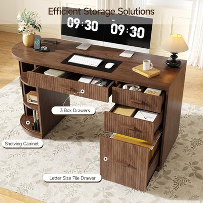 58 Inch Fluted Executive Desk with File Drawer, Walnut, view 5