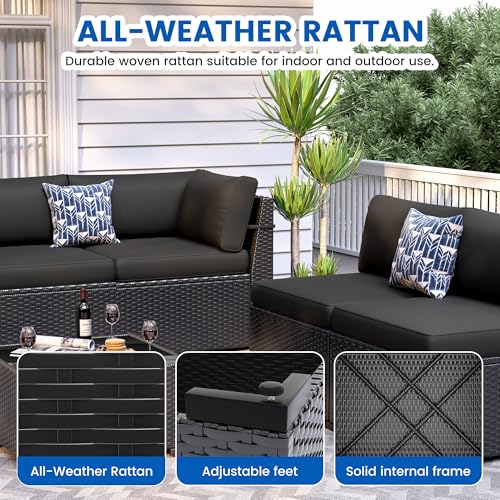 8 Piece Patio Furniture Set with 44” Fire Pit Table All-Weather Wicker Conversation Sectional Sofa & Coffee Table with Thickened Cushions for Backyard, Garden(Black)