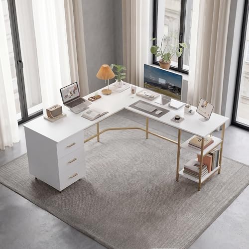 59" Two-Tone L‑Shaped Office Desk with Storage Shelves, Gold, view 3