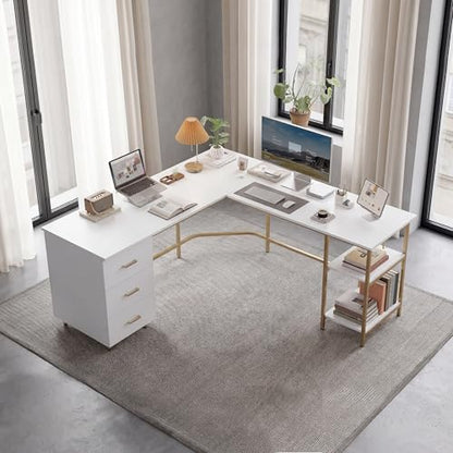 59" Two-Tone L‑Shaped Office Desk with Storage Shelves, Gold, view 3