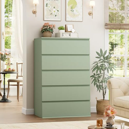 5 Drawer Dresser Tall Dresser with Large Storage Space, Modern Chest of Drawers, 23.6L x 17.6W x 39.1H Inch Storage Organizer Cabinet for Home, Green