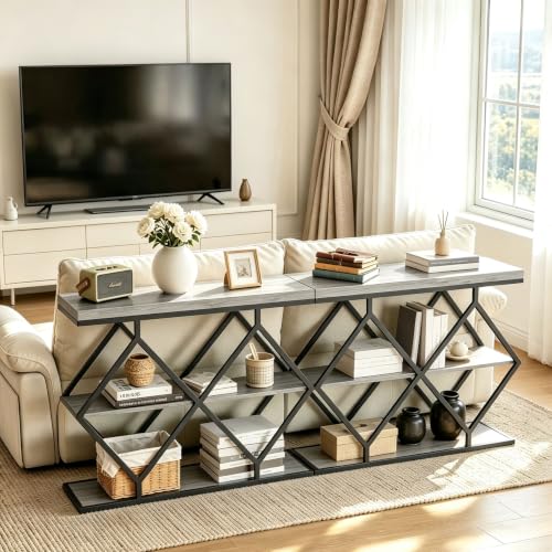 3 Tier Console Table with Open Wood Shelves,39" Industrial Entryway Table,Sofa Table,Narrow Wood Accent Tables with Metal Frame for Hallway,Living Room,Behind Couch,Foyer,Entrance,Gray