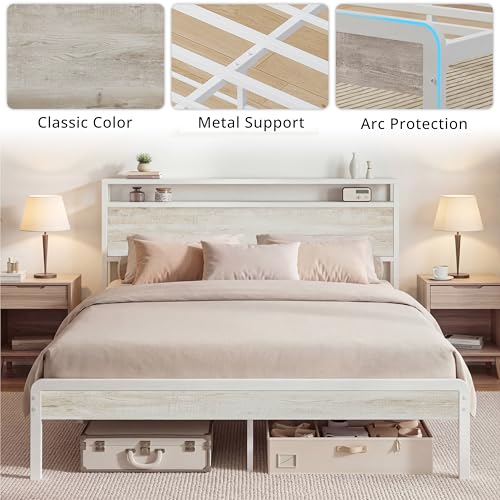 Queen Bed Frame with 2-Tier Storage Shelf Headboard, view 7