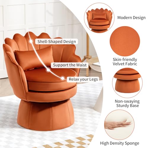360° Swivel Accent Chair, Mid-Century Modern Velvet Barrel Chair, Comfy Shell Shape Arm Chair with Lumbar Pillow for Living Room, Bedroom, Office, Orange