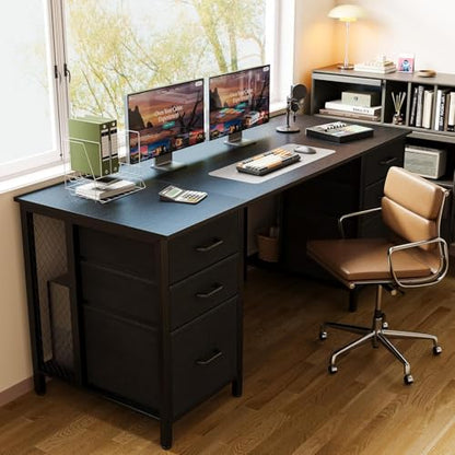 63 inch Office Desk with 6 Fabric Drawers & File Cabinets, Work from Home Computer Desk with Hidden Storage Stand, Deep Black