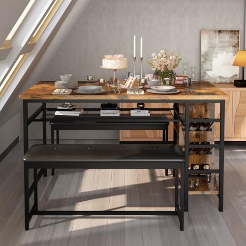 Space Saving Dining Table Set for 2-4 People, 53" Kitchen Table with 2 Upholstered Bench, Dinner Table with Wine Rack Glass Holder and Storage Shelf, 3-Piece Dinette Table for Small Apartment
