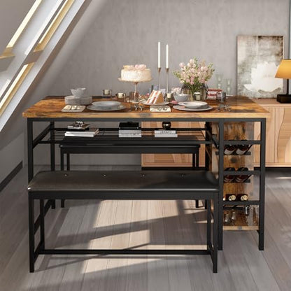 Space Saving Dining Table Set for 2-4 People, 53" Kitchen Table with 2 Upholstered Bench, Dinner Table with Wine Rack Glass Holder and Storage Shelf, 3-Piece Dinette Table for Small Apartment
