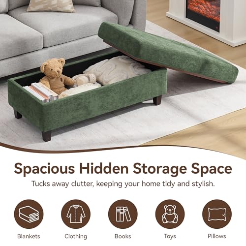Large Green Chenille Ottoman with Wooden Leg Support for Living Room, view 6