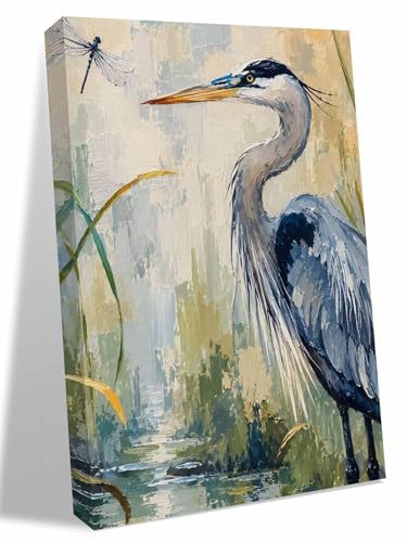 NuYeBiofx Heron Bird Country Sage Green Canvas Wall Art Prints,48"x32" Framed Picture Artwork Watercolor Oil Painting Style Printed Canvas Oil Painting for Living Room Bedroom Office,Ready to Hang