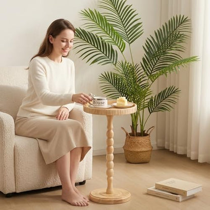 Small Drink Table, Rattan Round Side Table for Small Spaces, Boho Accent Table End Table with Solid Wood Leg for Living Room, Nightstand Table for Bedroom, Corners