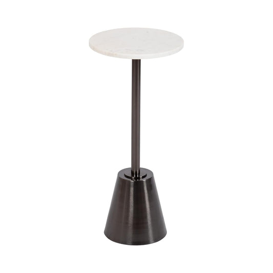 Tira Elegant Round Drink Table, 10 x 22, White Marble and Gray Gunmetal, Modern Glam Circle Martini Table for Use as a Small Bedroom Nightstand or Living Room Plant Stand Option