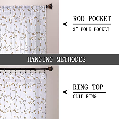 Tollpiz Leaves Sheer Curtain Taupe Leaf Embroidery Bedroom Curtains Rod Pocket Voile Faux Linen Embroidered Leaves Curtain for Living Room, 54 x 84 inches Long, Set of 2 Panels