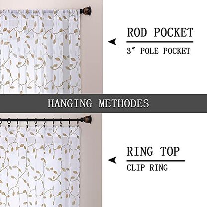 Tollpiz Leaves Sheer Curtain Taupe Leaf Embroidery Bedroom Curtains Rod Pocket Voile Faux Linen Embroidered Leaves Curtain for Living Room, 54 x 84 inches Long, Set of 2 Panels
