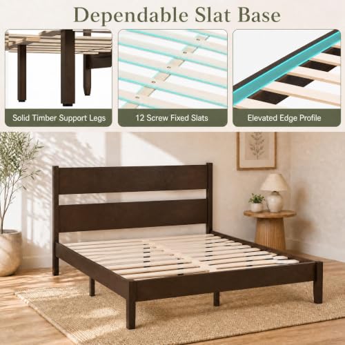 Queen Size Rubber Wood Bed Frame with Tall Headboard, Dark Brown, view 8