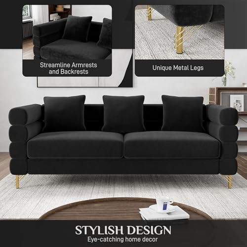 Cloud Couch for Living Room, 79" Modern Overstuffed Deep Seat Velvet 3 Seater Sofa with 3 Pillows, Comfy Upholstered Oversized Loveseat for Bedroom Office, Jet Black Velvet