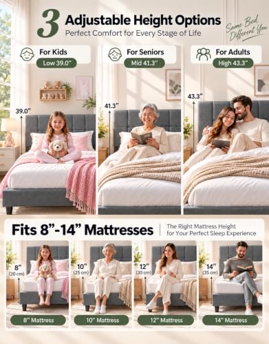 Queen Size Bed Frame with Headboard, Modern Bed Frame, Gray, view 6