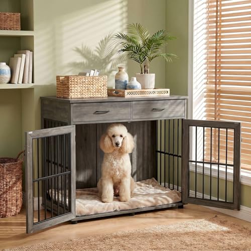 43.3" Large Dog Crate Furniture with 2 Drawers, Grey, view 4
